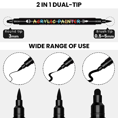 Tesquio Black Paint Marker, 8 Pack Dual Tip Acrylic Paint Pens with Medium Tip and Brush Tip, Ideal for Wood, Rock Painting, Canvas, Stone, Glass, - WoodArtSupply