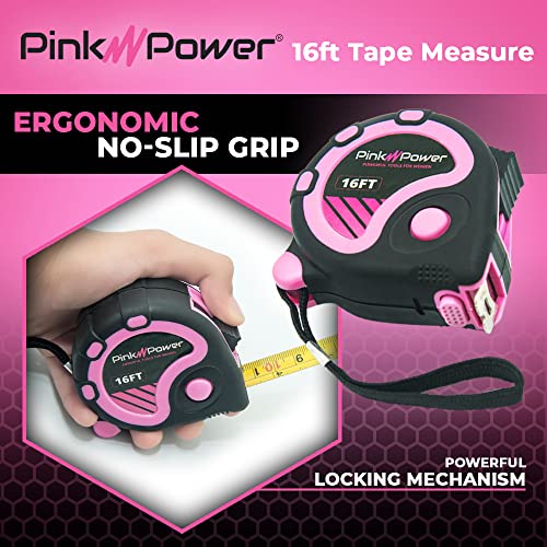 Pink Power 16ft Pink Measuring Tape Measure for Womens Tool Kit with Retractable Blade and Lock Button - Girls Tape Measure for Pink Tools - Pink Power