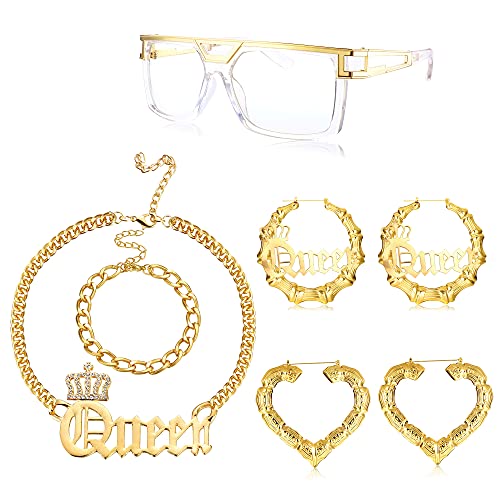 HAIAISO 80s/90s Hip Hop Queen Costume Kit for Women Sunglasses Bamboo Hoop Earrings Chunky Queen Pendant Cuban Chain Necklace Bracelet Rapper DJ HAIAISO