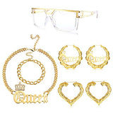 HAIAISO 80s/90s Hip Hop Queen Costume Kit for Women Sunglasses Bamboo Hoop Earrings Chunky Queen Pendant Cuban Chain Necklace Bracelet Rapper DJ HAIAISO