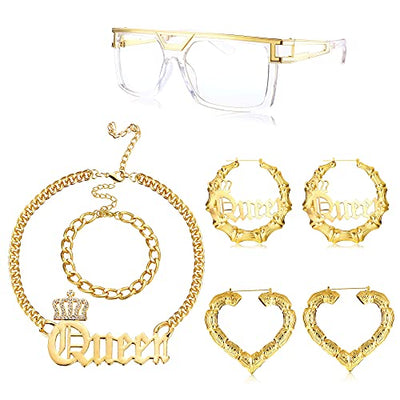HAIAISO 80s/90s Hip Hop Queen Costume Kit for Women Sunglasses Bamboo Hoop Earrings Chunky Queen Pendant Cuban Chain Necklace Bracelet Rapper DJ