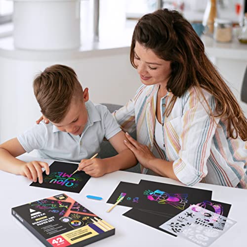 Arteza Scratch Paper, Set of 42 Sheets, 10.9 x 8.2 Inches, Includes 4 Unique Patterns, 4 Scratchers, 4 Stencils, 4 Post Cards, Art Supplies for Craft ARTEZA