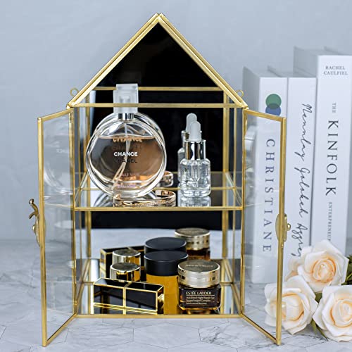 Wall Glass Cabinet Display for Perfume, Small Glass Display Curio Cabinets with Doors Wall Mounted, 2 Tiered Small Gold Curio Cabinet with Mirror