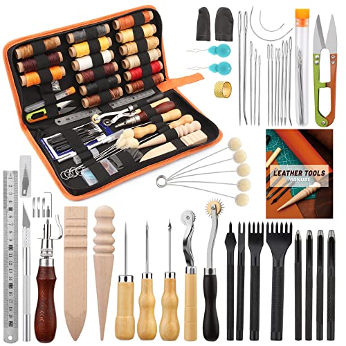 BUTUZE Leather Working Tools, Leather Tool Kit, Practical Leather Craft Kit with Waxed Thread Groover Awl Stitching Punch Hole for Leathercraft BUTUZE