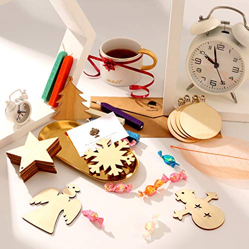 Tatuo 50 Pieces Christmas Wooden Ornaments Wood Snowflake Angel Star Christmas Tree Round Discs Decorations Hanging Embellishments with 50 Pieces Tatuo