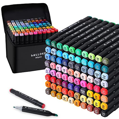 WELLOKB Alcohol Markers, 60 Dual Tip Permanent Art Markers for Coloring, Illustrations, and Sketching, Includes Case for Easy Storage, Alcohol, Based WELLOKB