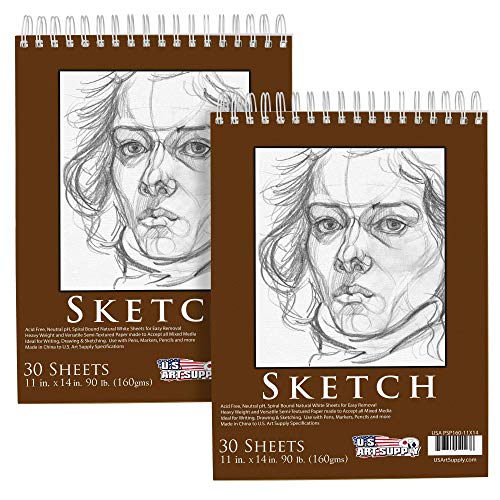 U.S. Art Supply 11" x 14" Top Spiral Bound Sketch Book Pad, Pack of 2, 30 Sheets Each, 90lb (160gsm) - Acid-Free Heavyweight Paper, Artist Sketching