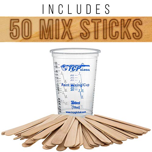 TCP Global 10 Ounce (300ml) Disposable Flexible Clear Graduated Plastic Mixing Cups - Box of 50 Cups & 50 Mixing Sticks - Use for Paint, Resin, TCP Global