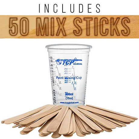 TCP Global 10 Ounce (300ml) Disposable Flexible Clear Graduated Plastic Mixing Cups - Box of 50 Cups & 50 Mixing Sticks - Use for Paint, Resin, TCP Global