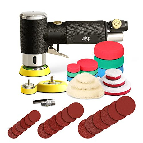 ZFE 1/2/3 Inch Random Orbital Air Sander, Mini Pneumatic Sander for Auto Body Work, High Speed Air Powered Polisher with 15 Polishing Buffing Pads,18 ZFE