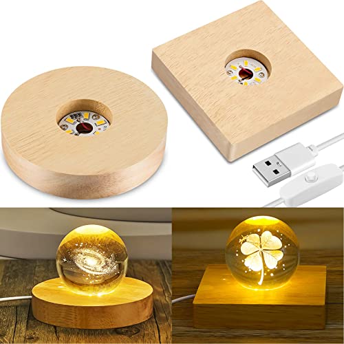 Honoson 2 Pieces Wood Light Display Base Wooden LED Display Base Crystal Glass Base Stand Wood LED Display Stand for 3D Crystal Glass Resin Art Honoson