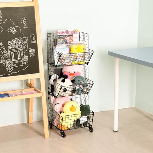 3 Tier Rolling Wire Toy Organizer Basket - with Wheel, S-Hooks, Adjustable Chalkboards - Toy Storage Cart Wall Bookshelf for Kids Room, Playroom,