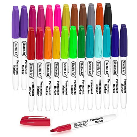 Shuttle Art Permanent Markers, 24 Colors Fine Point Assorted Colors Permanent Marker Set, Works on Plastic,Wood,Stone,Metal and Glass for Doodling, Shuttle Art