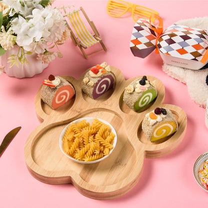 2 Pack Paw Shaped Bamboo Serving Tray with 5 Grooves Wooden Dog Paw Snack Platters Bamboo Charcuterie Board Wood Candy Dish Bowl for Holiday Dog