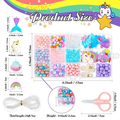 540 Pieces Unicorn Mermaid DIY Bead Jewelry Making Kit for Girls Rainbow Shell Necklace Bracelet Craft Art for Kids Unicorn Mermaid Charms for - WoodArtSupply