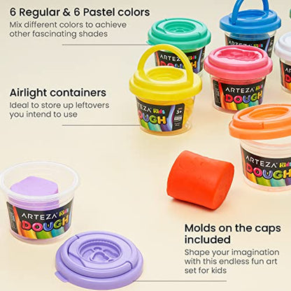 Arteza Kids Play Dough, 6 Pastel and 6 Regular Colors, 2.8-oz Tubs, Soft, Air-Tight Containers, Art Supplies for Kids Crafts and Playtime Activities - WoodArtSupply