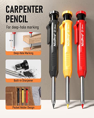 Nicpro 10 Pack Carpenter Pencil Set with Sharpener, Mechanical Carpenter Pencils with 21 Refill, Automatic Center Puncha and Carbide Scribe Tool, Nicpro