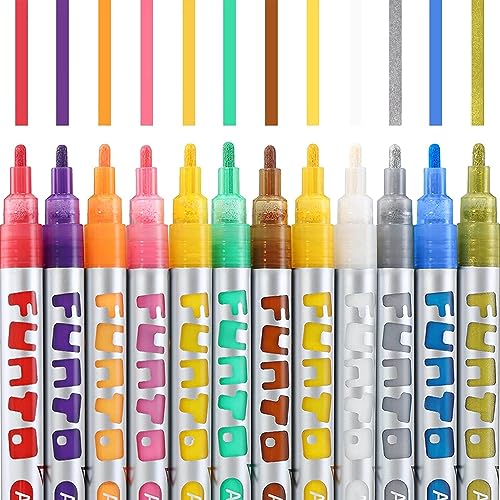 Funto Acrylic Paint Pens for Rock Painting, Fabric, Wood, Canvas, Metal, Ceramic, Glass, Scrapbooking Craft,12 Colors Paint Marker Set, Medium Tip, - WoodArtSupply