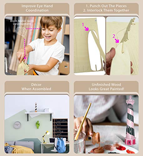 Puzzled 3D Puzzle Lighthouse Set Wood Craft Construction Model Kit, Fun & Educational DIY Wooden Toy Assemble Model Unfinished Crafting Hobby Puzzle Puzzled