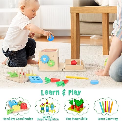 Kizfarm Wooden Montessori Baby Toys, 8-in-1 Wooden Play Kit Includes Object Permanent Box, Coin Box, Carrot Harvest, Shape Sorting & Stacking - Kizfarm