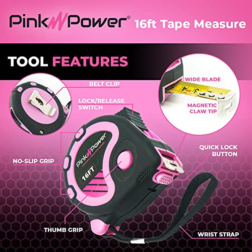 Pink Power 16ft Pink Measuring Tape Measure for Womens Tool Kit with Retractable Blade and Lock Button - Girls Tape Measure for Pink Tools - Pink Power
