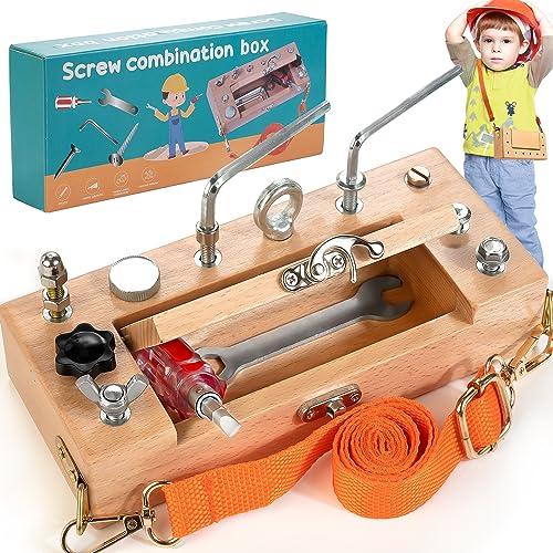WOODMAM Montessori Screwdriver Board Set, Storage Box & Strap Toddler Travel, Wooden Montessori Toys Fine Motor Skills Toys for 3 4 5 Year Old Kids,