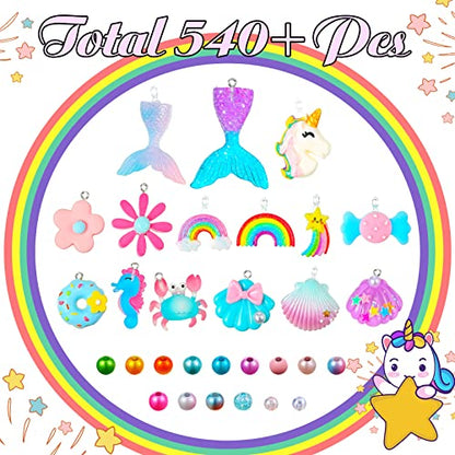 540 Pieces Unicorn Mermaid DIY Bead Jewelry Making Kit for Girls Rainbow Shell Necklace Bracelet Craft Art for Kids Unicorn Mermaid Charms for - WoodArtSupply