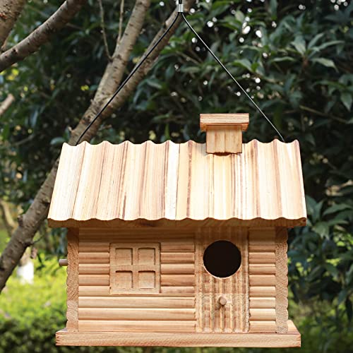 Bird Houses Outside,Outdoor Bird House, Natural Wooden Bird Hut Clearance 2 Hole Bluebird Finch Cardinals Hanging Birdhouse for Garden Viewing - WoodArtSupply