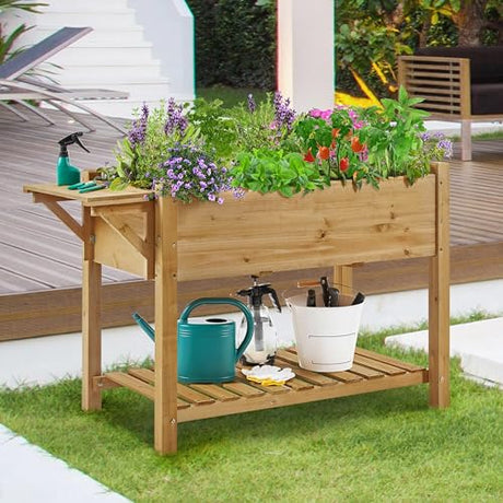 Yaheetech 49x22x32in 8 Pockets Horticulture Raised Garden Bed Elevated Wood Planter Box Stand with Foldable Side Table and Storage Shelf for Yaheetech