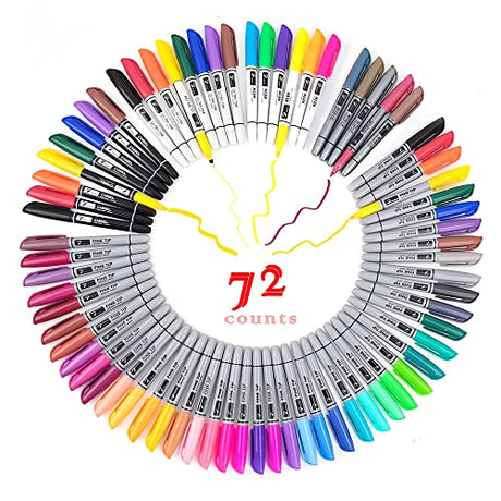 TOWON Permanent Markers 72 Assorted Colors - Waterproof Colored Markers Pens Set 45 Fine Tip, 8 Ultra Fine, 8 Chisel Tip, 6 Neon, 5 Metallic Markers TOWON