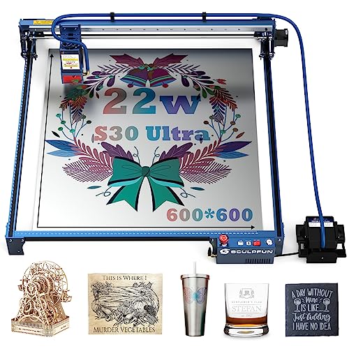 SCULPFUN S30 Ultra Laser Engraver with Air Assist, 22W Output Laser Cutter, Higher Accuracy Laser Engraving Machine, 600 * 600mm Working Area Laser - WoodArtSupply