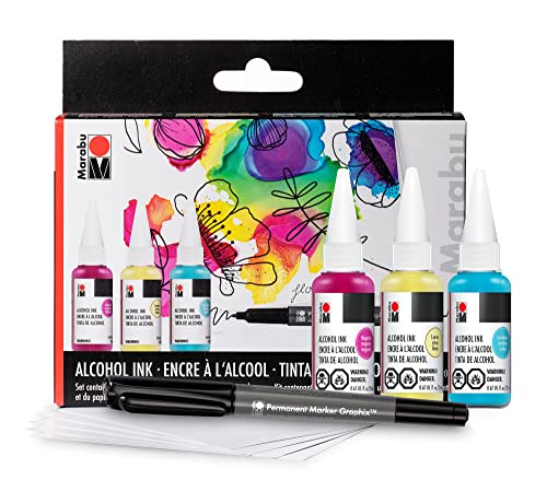Marabu Alcohol Ink Starter Kit - 3 Color Alcohol Ink Set with Alcohol Ink Paper and Permanent Marker - Magenta, Lemon, Caribbean Alcohol Ink for Marabu