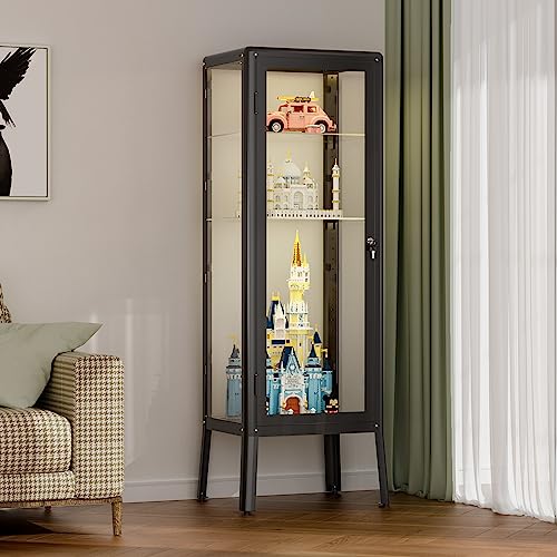 Ryoko Glass Display Cabinet with Adjustable 3-Shelf Shelves, Lock and Door, Dust-Proof, LED Light, Curio Cabinets Lego Display Case for Living Room Ryoko