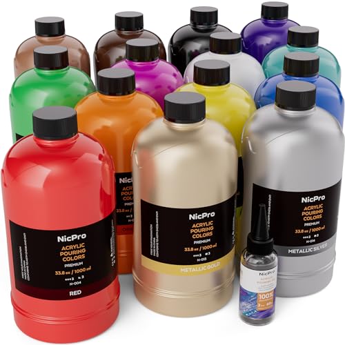 Nicpro 14 Colors Large Bulk Acrylic Pour Paint Set (33.8 oz,1000 ml) Premixed High Flow Art Pouring Paint Supplies Kit with Silicone Pour Oil, Gloves - WoodArtSupply