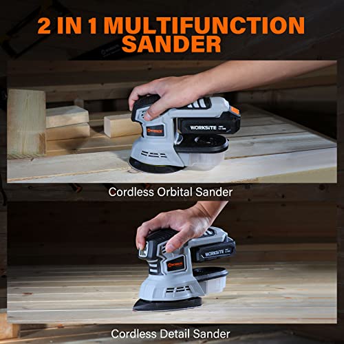 WORKSITE 20V MAX Cordless Random Orbital Sander & Detail Sander, Multi-Purpose Hand Sander w/2.0A Battery & Charger, 20pcs Sanding Discs, Dust