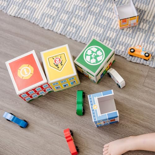 Melissa & Doug Nesting and Sorting Blocks - 6 Buildings, 6 Wooden Vehicles - Numbers Learning, Car Garage, Sorting And Stacking Toys For Toddlers Melissa & Doug