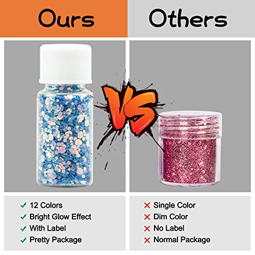 Glow in The Dark Glitter, SEISSO 12 Bottles Luminous Glitter with UV Flashlight Set, 10g/Bottle Chunky Glitter Powder for Resin Arts Crafts, Body SEISSO
