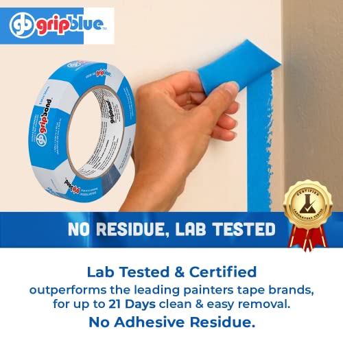 GripBlue Blue Painters Tape 1 inch Wide, Masking Tape Blue .94in x 60yds, 36 Rolls of Blue Paint Tape, 1 Inch Painters Tape for Sharp Lines, Blue GripBlue