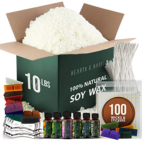 Hearth & Harbor Soy Candle Wax Flakes - Natural Soy Wax for Candle Making Premium 10 lb Bag, 50 Cotton Candle Wicks, 50 Wick Stickers, & 4 Centering Hearth & Harbor