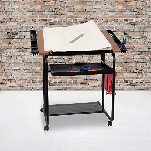 Flash Furniture Swanson Adjustable Drawing and Drafting Table with Black Frame and Dual Wheel Casters, Cherry