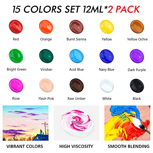 Shuttle Art 47 Pack Acrylic Paint Set, 15 Colors (12ml Each, 2Pack) Acrylic Paint with 10 Brushes Painting Canvas Knife Palette Sponge, Complete Gift Shuttle Art