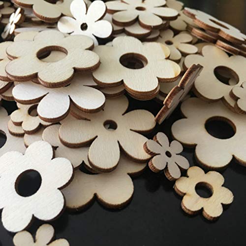 Happyyami 100pcs Flower Wood Cutouts Plum Blossom Wood Shapes Pieces Wood Discs Slices for DIY Craft Wedding Birthday Party Favors Centerpieces Happyyami