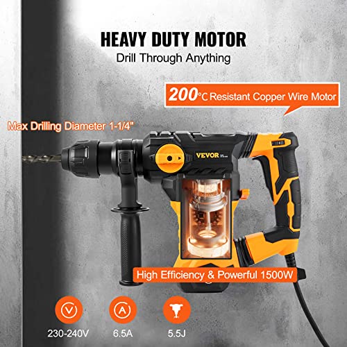 VEVOR 1-1/4 Inch SDS-Plus Rotary Hammer Drill, 13 Amp Corded Drills, Heavy Duty Chipping Hammers w/Vibration Control & Safety Clutch, Electric VEVOR