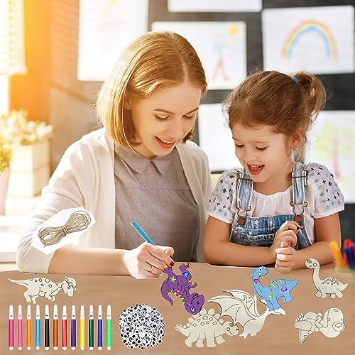 Unfinished Wood Cutouts Ornaments for Crafts,140 Pcs Dinosaur Wooden DIY Paint Craft,Wood Discs Slices Dino Shapes Blank Hanging Embellishment for Nuyoach