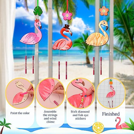 16 Pack Wind Chime Kits for Kids, Make Your Own Summer Flamingos Wind Chime DIY Coloring Heart Flower Pineapple Wooden Arts and Crafts Birthday Gifts TREACLUB