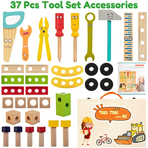 Bravmate Wooden Kids Tool Set - 37 Pcs Montessori Building Kit Toy with Tool Box, STEM Educational Toys for 2 3 4 5 6 Year Old Boys Girls Toddlers, Bravmate
