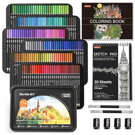 174 Colors Professional Colored Pencils, Shuttle Art Soft Core Coloring Pencils Set with 1 Coloring Book,1 Sketch Pad, 4 Sharpener, 2 Pencil Shuttle Art