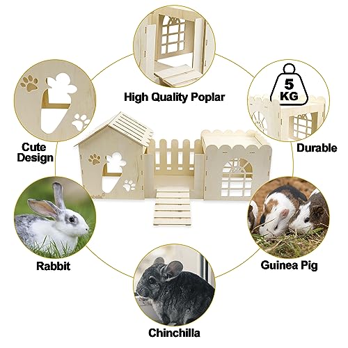 Large Rabbit Wooden Castle Hideout, Multi-Chamber Small Animal Wooden House Cage, Bunny Playhouse Habitat Decor Tunnel for Dwarf Rabbit Guinea Pig Teabelle