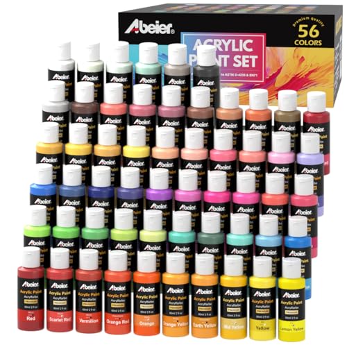 ABEIER Acrylic Paint Set, 56 Colors (2oz/60ml), Matte Finish, Waterproof, Rich Pigments, Non-Toxic Paints for Painting on Canvas Crafts Wood Ceramic, ABEIER