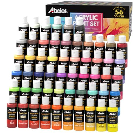 ABEIER Acrylic Paint Set, 56 Colors (2oz/60ml), Matte Finish, Waterproof, Rich Pigments, Non-Toxic Paints for Painting on Canvas Crafts Wood Ceramic, ABEIER